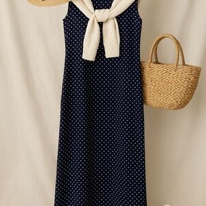 Jamie Brooke Navy Polka Dot Midi Dress | Size 14 | Rayon | Y2K Classic